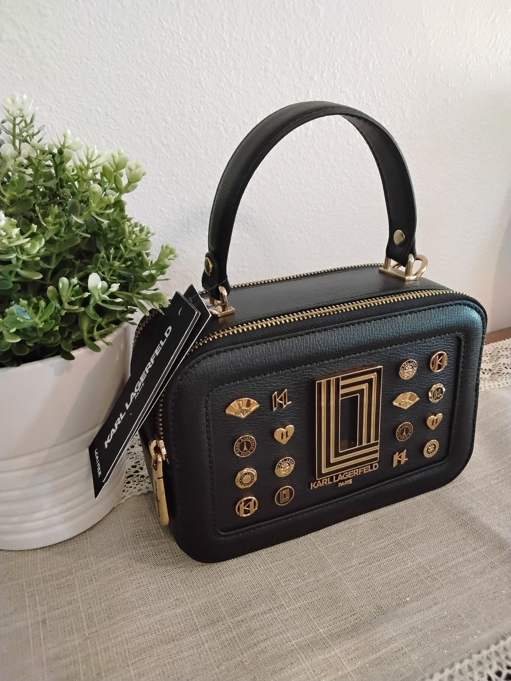 Karl Lagerfeld Black Leather Camera Bag with Branded Strap